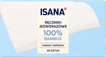 ISANA ręczniki jednorazowe 100% bambus, miękkie i delikatne, 80 sztuk, białe opakowanie na błękitnym tle.