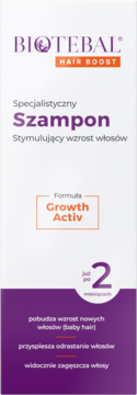 Biało-fioletowy szampon Biotebal HAIR BOOST z formułą Growth Activ, stymulujący wzrost włosów.