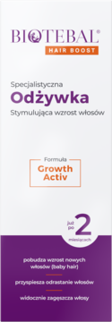 Biotebal Hair Boost Odżywka stymulująca wzrost włosów, biało-fioletowe opakowanie, widok z przodu.