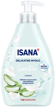 Isana Sensitive delikatne mydło w płynie z aloesem, jasnoniebieska butelka z pompką, widok z przodu.