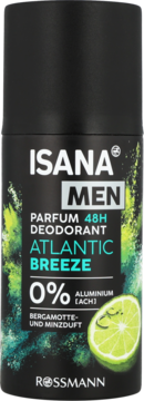 Czarny dezodorant w sprayu ISANA MEN Parfum 48H Atlantic Breeze, 0% aluminium, bergamotka i mięta, z przodu.
