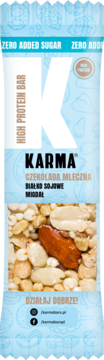 Karma baton proteinowy o smaku mlecznej czekolady z białkiem sojowym i migdałami, bez cukru, widok z przodu.