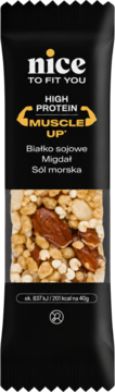 Nice to Fit You high protein bar, almond & sea salt, black packaging, window shows nuts and grains.