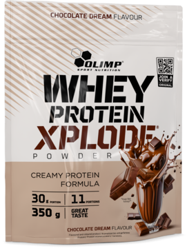 Olimp Whey Protein Xplode Powder 350g, kremowy czekoladowy smak, w beżowej saszetce z grafiką czekolady.
