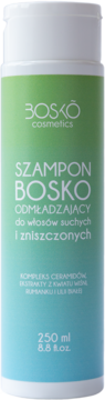 Biała z zielenią i błękitem butelka Bosko Szamponu Odmładzającego do Włosów Suchych i Zniszczonych, front.