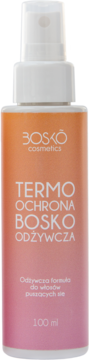 Biała butelka Bosko Termo Ochrona Odżywcza 100ml, spray do włosów, z pomarańczowo-różową etykietą. Widok z przodu.