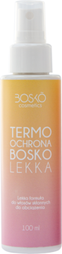 BOSKO Lekka Termoochrona do włosów 100ml, spray w butelce z gradientem żółto-różowym, widok z przodu.