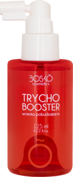 Bosko Trycho Booster, wcierka pobudzająca, w czerwonej butelce z białą pompką, widok z przodu. 125 ml.