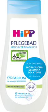 HiPP Pflegebad, biała butelka z niebieską nakrętką i napisem 0% Parfum, do skóry atopowej, widok z przodu.