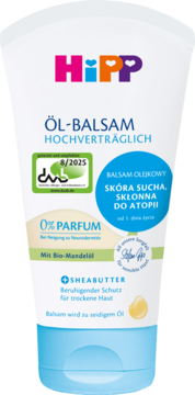 HiPP hipoalergiczny balsam olejkowy z masłem shea i bio-migdałowym, do suchej i atopowej skóry, biała tubka, widok z przodu.
