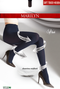 Opakowanie granatowych rajstop Marilyn Soft Touch 40 DEN, matowych, z modelem. Wyróżniki: głębia koloru.