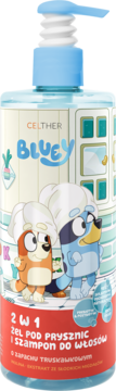 Bluey 2w1 żel pod prysznic i szampon truskawkowy w niebieskiej butelce z pompką, z Bluey i Bingo.
