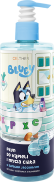 CELTHER Bluey płyn do kąpieli i mycia ciała 400ml, jasnoniebieski, jagodowy, z pompką, Bluey na etykiecie.