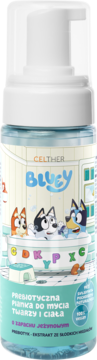 CELTHER Bluey prebiotyczna pianka do mycia twarzy i ciała 150ml, butelka z pompką, z postaciami z bajki, o zapachu jeżynowym.