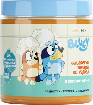 Bluey galaretka myjąca do kąpieli, mango, z prebiotykiem, pomarańczowa tuba z niebieską pokrywką, widok z przodu.
