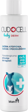 Biała butelka CUDOCELL baby DERM emulsji do kąpieli. Dla skóry atopowej, od 1. dnia życia.