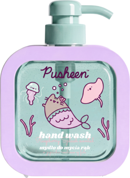Mydło do rąk Pusheen w przezroczystej butelce z fioletową ramką, miętową pompką i motywem syrenki.