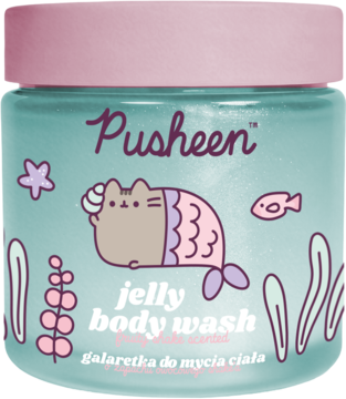 Pusheen jelly body wash grapefruit scented w turkusowym słoiczku z syrenką Pusheen, widok z przodu.