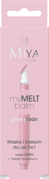 Różowe opakowanie Miya myMELT balm pink glaze 2w1, z grafiką aplikatora i napisem wege PDRN.