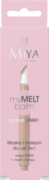 Różowe pudełko Miya myMELT balm toffee glaze, maska i balsam do ust 2w1 z wege PDRN. Widok z przodu.