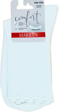 Białe damskie skarpetki Marilyn z falbanką, na opakowaniu "comfort", widok z przodu złożonego produktu.