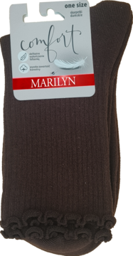 Ciemnobrązowe skarpetki damskie Marilyn Comfort z falbanką przy kostce, widok z przodu, na metce 'One Size'.