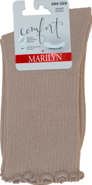 Beżowe skarpetki damskie Marilyn Comfort z delikatnie marszczonym brzegiem i etykietą, widok z przodu.