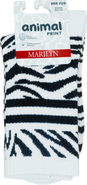 Skarpetki damskie Marilyn, białe w czarne paski zebry Animal Print, z zawieszką, widok z przodu.