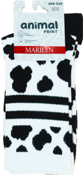 Marilyn: białe skarpety z czarnym wzorem w krowie łaty i paski, z etykietą 'animal print', widok z przodu.