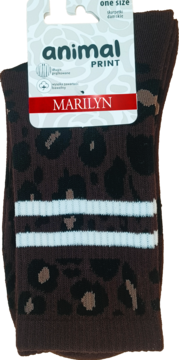 Ciemnobrązowe skarpety Marilyn w leopardzie cętki, z dwoma białymi pasami na kostce, widok z przodu, z etykietą.