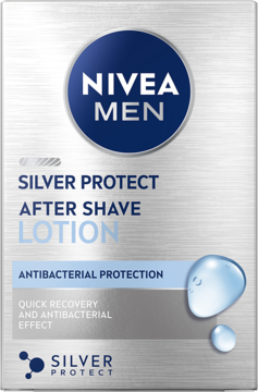 NIVEA MEN Silver Protect After Shave Lotion w srebrnym, metalicznym pudełku z niebieskimi detalami, widok z przodu.