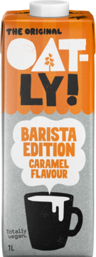 Oatly Barista Edition Caramel Flavour napój owsiany, pomarańczowo-szary karton 1L z logo i filiżanką, widok z przodu.