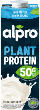 Niebieski karton Alpro Plant Protein 50g, napój sojowy, wysoka zawartość białka, widok z przodu opakowania.