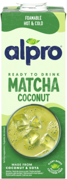 Alpro Matcha Coconut drink, tall green carton, front view. Features iced matcha drink and "FOAMABLE" text.