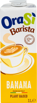 OraSi Barista Banana napój roślinny 1L, biało-żółty karton z filiżanką kawy i napisem Plant Based, widok z przodu.