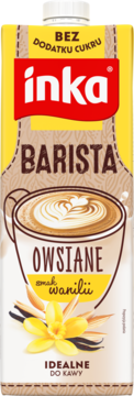 Inka Barista Owsiane Smak Wanilii, waniliowy napój owsiany bez cukru, widok z przodu, z latte art i laskami wanilii.