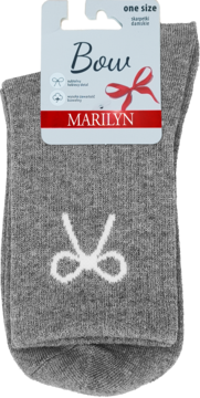 Melanżowe szare skarpetki damskie Marilyn z białym haftem nożyczek, widok z przodu, z etykietą produktu.