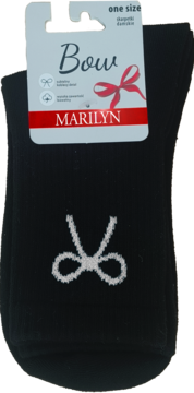 Czarne skarpetki Marilyn z białym haftem nożyczek, z metką 'Bow', widok z przodu.