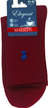 Ciemnoczerwone skarpetki Marilyn z prążkowanej wełny i bawełny, z niebieskim haftowanym logo, widok z przodu.