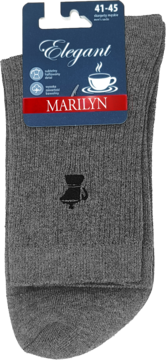 Szara bawełniana skarpeta Marilyn Elegant, rozmiar 41-45, z małym czarnym haftowanym logo i metką. Widok z przodu.