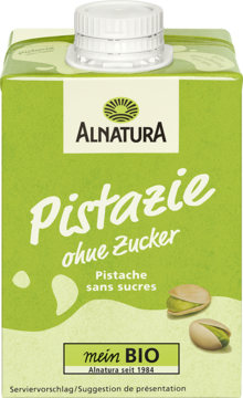 Alnatura napój pistacjowy bez cukru w zielonym kartonie z białym korkiem i grafiką pistacji, widok z przodu.