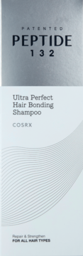 Opakowanie szamponu COSRX Ultra Perfect Hair Bonding z opatentowanym peptydem 132. Widok z przodu, biało-srebrne, do naprawy i wzmocnienia dla wszystkich rodzajów włosów.