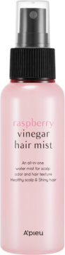 Różowa butelka A'pieu Raspberry Vinegar Hair Mist z atomizerem, widok z przodu, do pielęgnacji włosów i skóry.