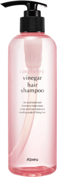 A'pieu Raspberry Vinegar Hair Shampoo w różowej, przezroczystej butelce z czarną pompką, widok z przodu.