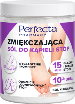 Sól Perfecta Pharmacy do kąpieli stóp, zmiękczająca z 10% mocznika, biały słoik z fioletową etykietą.