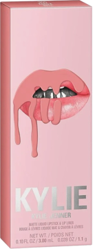 Różowe pudełko Kylie Matte Liquid Lipstick & Lip Liner z grafiką ust i srebrnym logo, widok z przodu.