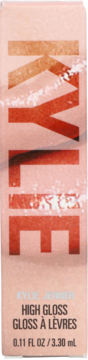 Kylie Jenner High Gloss błyszczyk do ust, front brzoskwiniowego opakowania z napisem 'KYLIE' i 'HIGH GLOSS'.