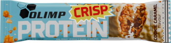 Olimp Protein Crisp baton Coco Caramel, jasnoniebieskie opakowanie z białym napisem PROTEIN, widok z przodu.