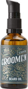 Bursztynowa butelka Groomen Beard Oil Original Earth Formula z czarną pompką i ozdobną, ciemnoturkusową etykietą.
