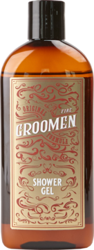 Groomen Fire męski żel pod prysznic w brązowej butelce, złota etykieta z napisem Shower Gel, widok z przodu.